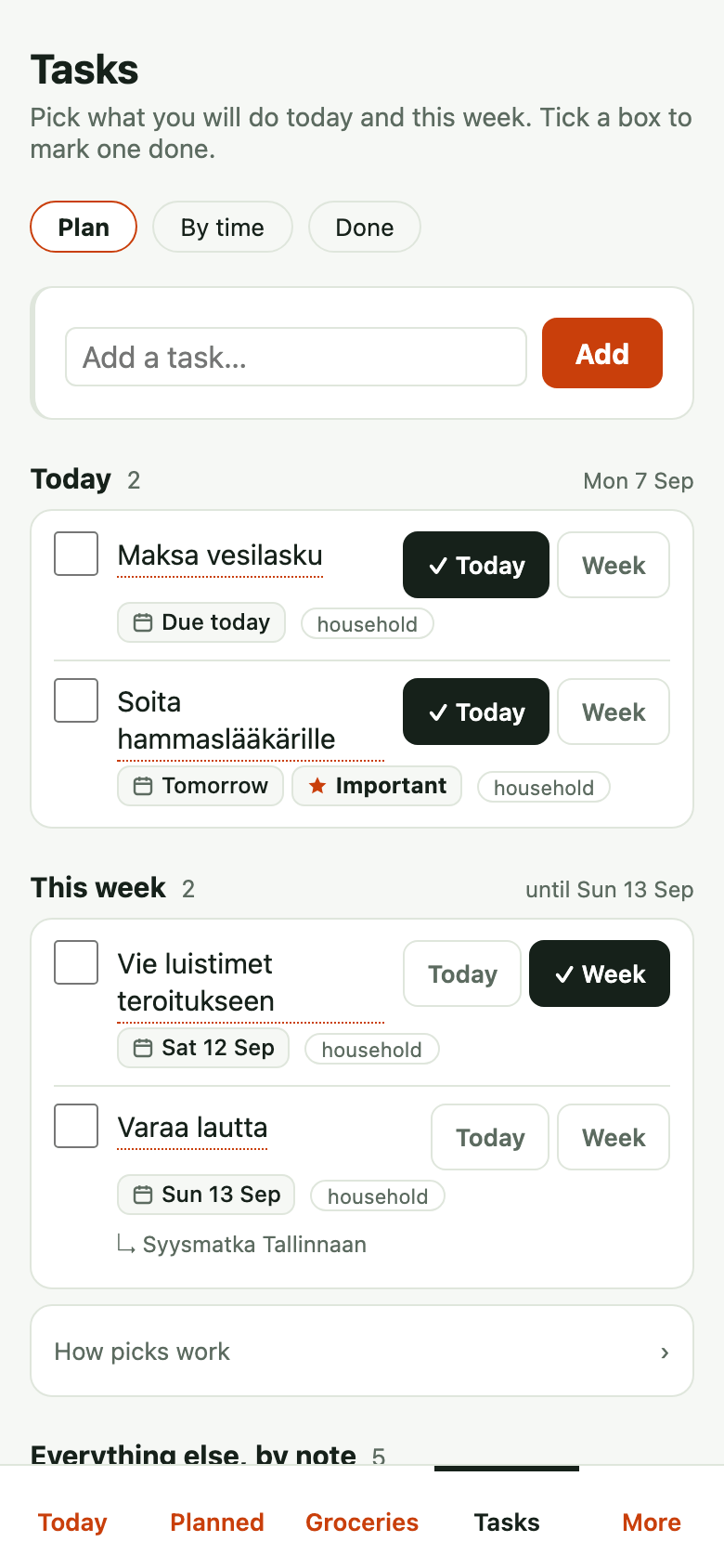 The /tasks Plan page on a phone: two tasks picked for Today, two for This week, each with a Today | Week pick, a due date, and under one of them the note it came from