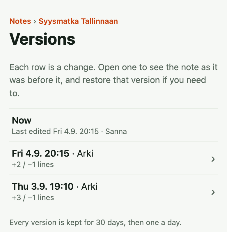 A note's Versions page on a phone: 'Now, last edited Fri 4.9. 20:15', then two earlier changes made through chat, each with how many lines it added and removed